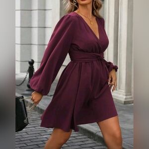 New Flowy Lantern Long Sleeve Twist Waist Short Dress PLUS Sangria Red Wine